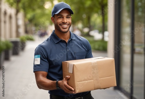 A cheerful delivery man holding a package on a city street. The urban setting and friendly service are highlighted.