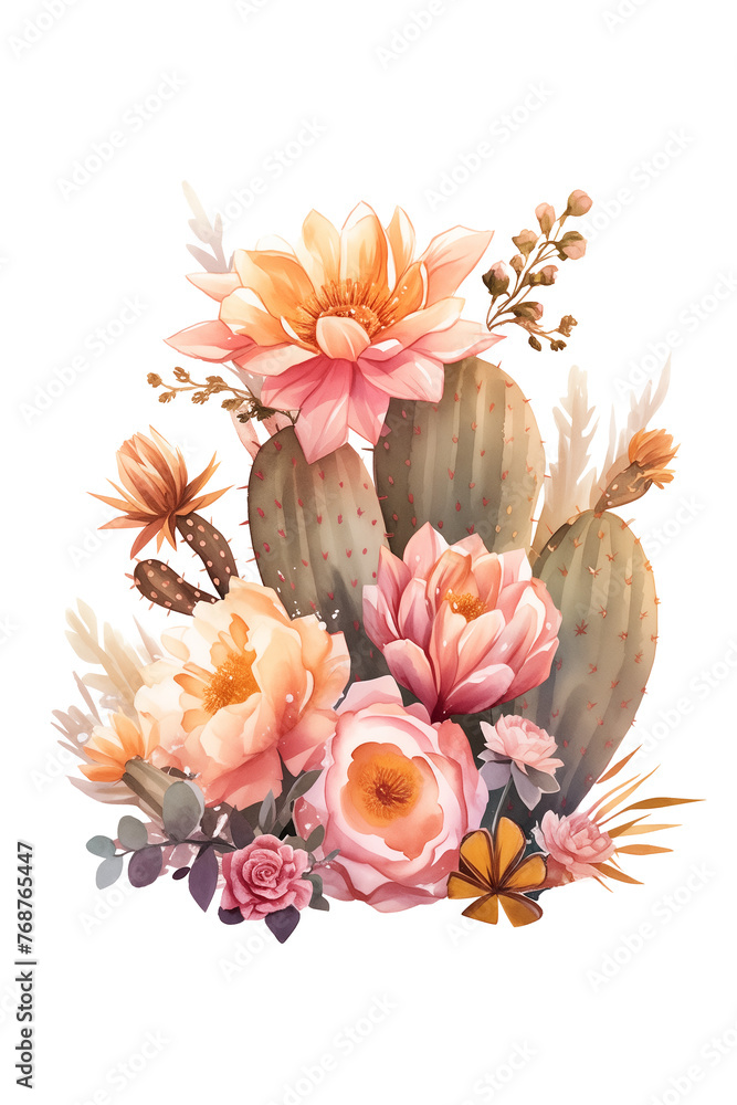 Dryland desert cactus and rose composition watercolor illustration, isolated floral clip art. Wild West cowgirl aesthetic decorative flower arrangement