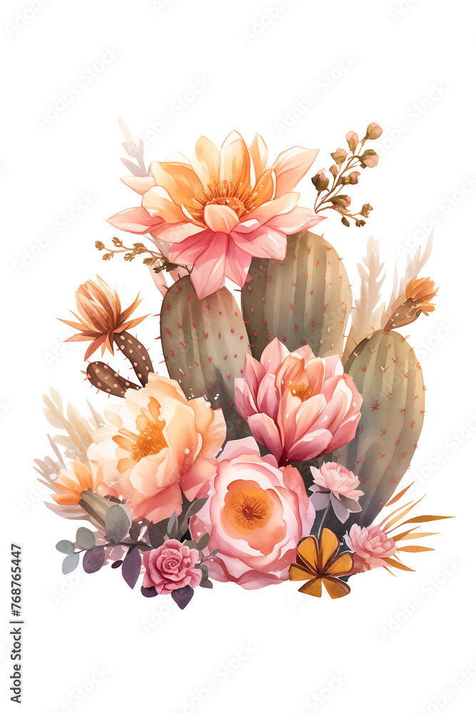 Obraz premium Dryland desert cactus and rose composition watercolor illustration, isolated floral clip art. Wild West cowgirl aesthetic decorative flower arrangement