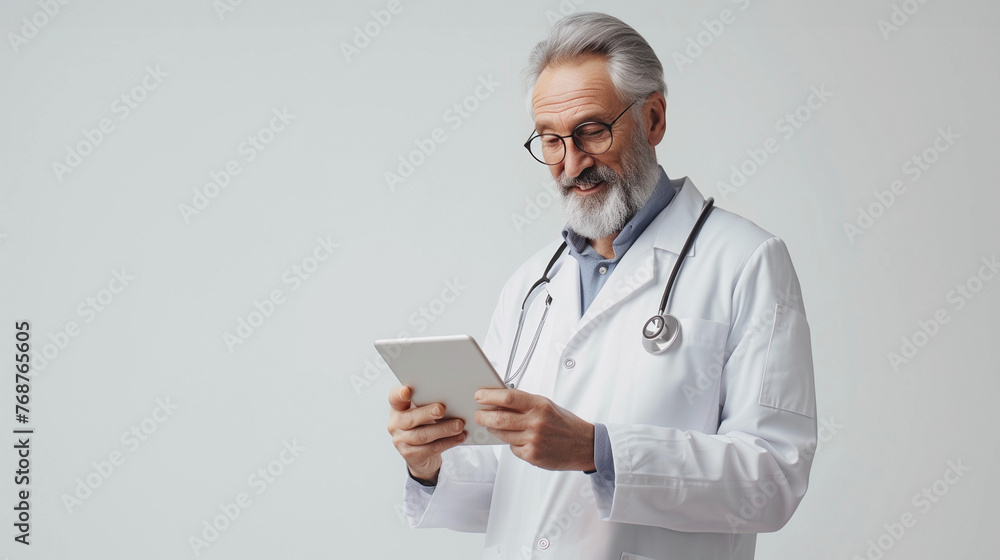 portrait of male doctor with tablet on white background portrait of male doctor with tablet on white background