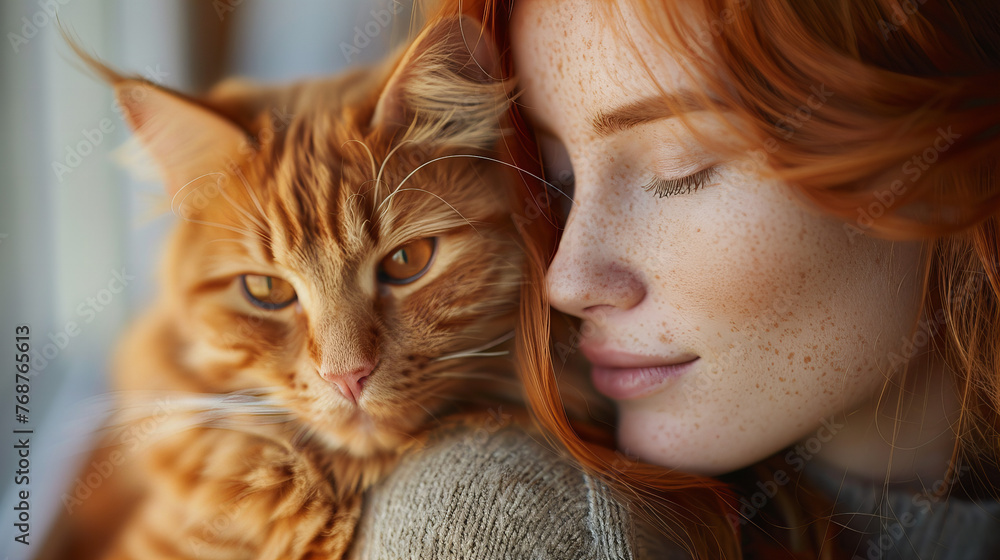 Beautiful young redhead woman hugging her orange cat