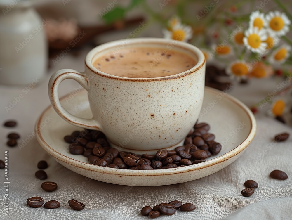 A white coffee cup with a white saucer sits on a table with a pile of coffee beans A white coffee cup with a white saucer sits on a table with a pile of coffee beans