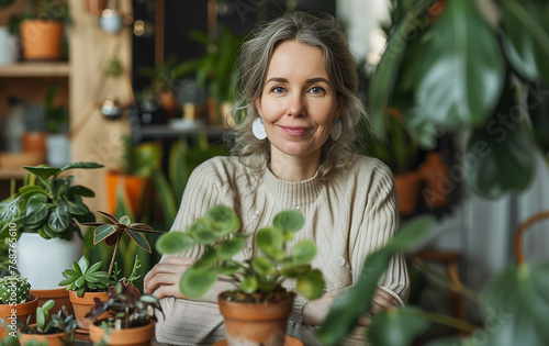 Portrait of mature woman sitting among plants at home