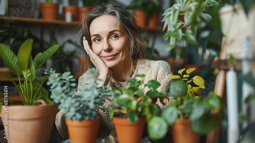 Portrait of thoughtful mature woman sitting among plants at home