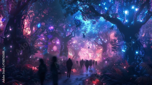 An enchanted forest rave, with mystical creatures as attendees, illustrated with glowing bioluminescent plants and magical lighting effects. © Exnoi