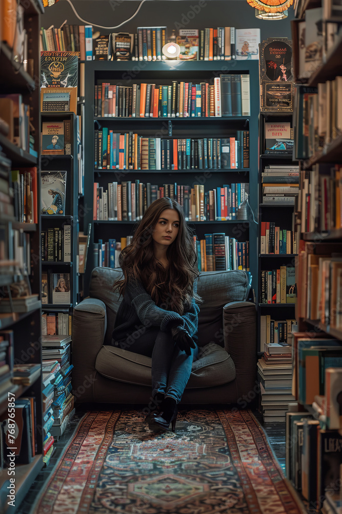 Professional Photography of a Book Reviewer Surrounded by Shelves of Books in a Cozy Reading Nook, Generative AI Professional Photography of a Book Reviewer Surrounded by Shelves of Books in a Cozy Reading Nook, Generative AI