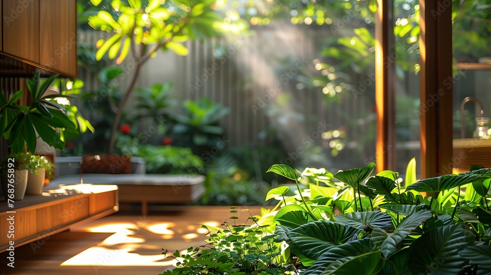 Sunlit Home Interior with Lush Indoor Garden and Modern Decor Sunlit Home Interior with Lush Indoor Garden and Modern Decor