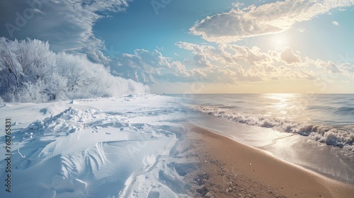 An icy  snow-covered landscape on the left slowly transitions to a warm  sunny beach scene on the right  illustrating the extremes of climate.