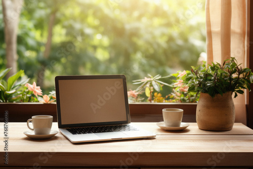 Laptop computer with blank screen on wooden table in coffee shop,