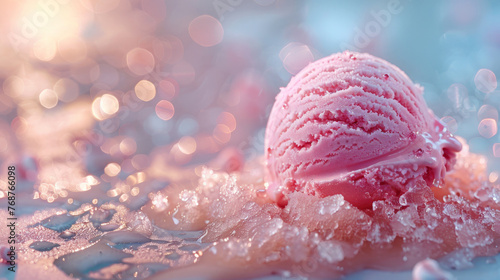 strawberry ice cream in waffle cone photo