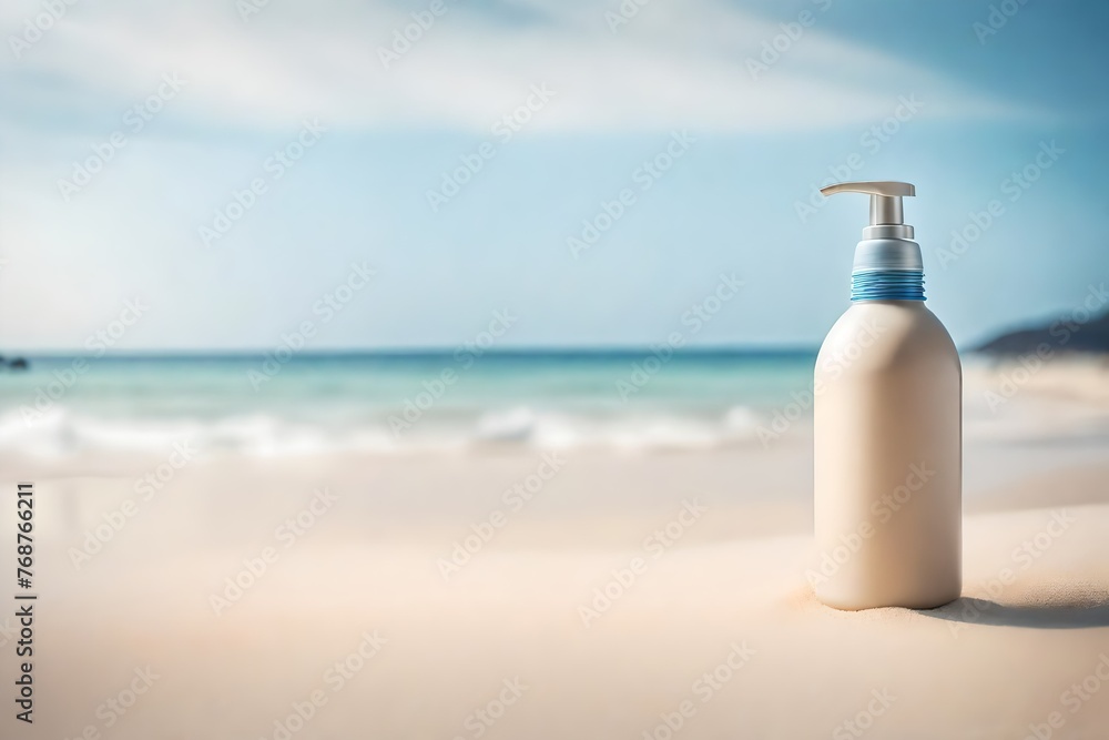 beige and blue body lotion cream container on the beach , summer cosmetics brand template beige and blue body lotion cream container on the beach , summer cosmetics brand template