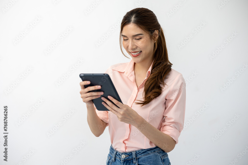 Digital Communication: Asian Woman Holds Touchscreen Tablet on White Background, Embracing Connectivity in Modern World Digital Communication: Asian Woman Holds Touchscreen Tablet on White Background, Embracing Connectivity in Modern World