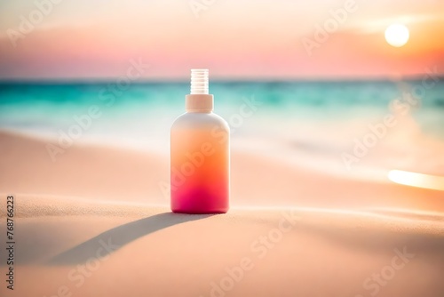gradient colored body lotion cream container on the shoreine , pink to blue beach  sunset , cosmetics brand template photo