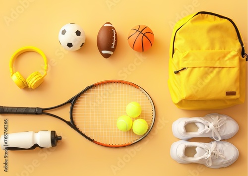 Tennis gear ready for action. Includes a tennis racket, tennis balls, a backpack, and headphones. Perfect for active lifestyles and sports enthusiasts. set-of-sport-equipment-on-color-background 