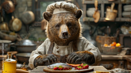 Bear as a Chef: Given bears' well-known love for food, bear chef in a gourmet kitchen, wearing a chef's hat and apron, standing over a large wooden table filled with an assortment of honey.