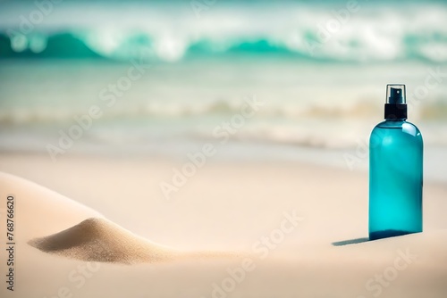 beige and blue body lotion cream container on the beach , summer cosmetics brand template