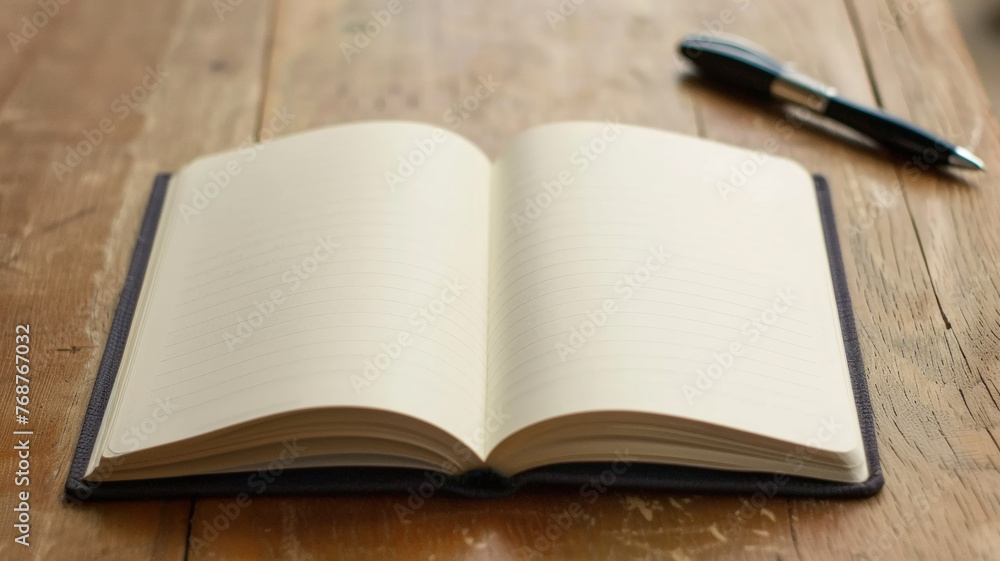 Open notebook with blank pages inviting inspiration, paired with a sleek pen on a wooden desk. Open notebook with blank pages inviting inspiration, paired with a sleek pen on a wooden desk.