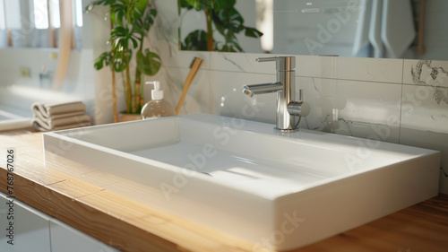 Modern square bathroom sink bathed in warm sunlight, exuding luxury and cleanliness.