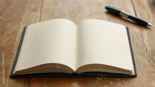Open notebook with blank pages inviting inspiration, paired with a sleek pen on a wooden desk.