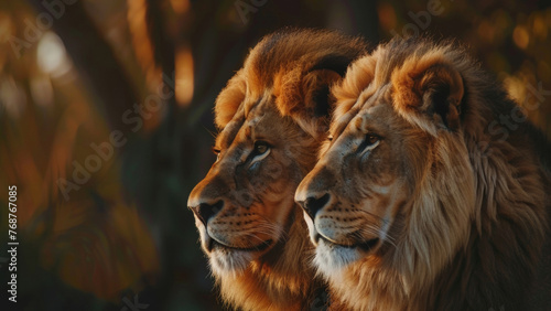 Majestic lions in golden hour light, exuding power and regal elegance in their natural habitat.