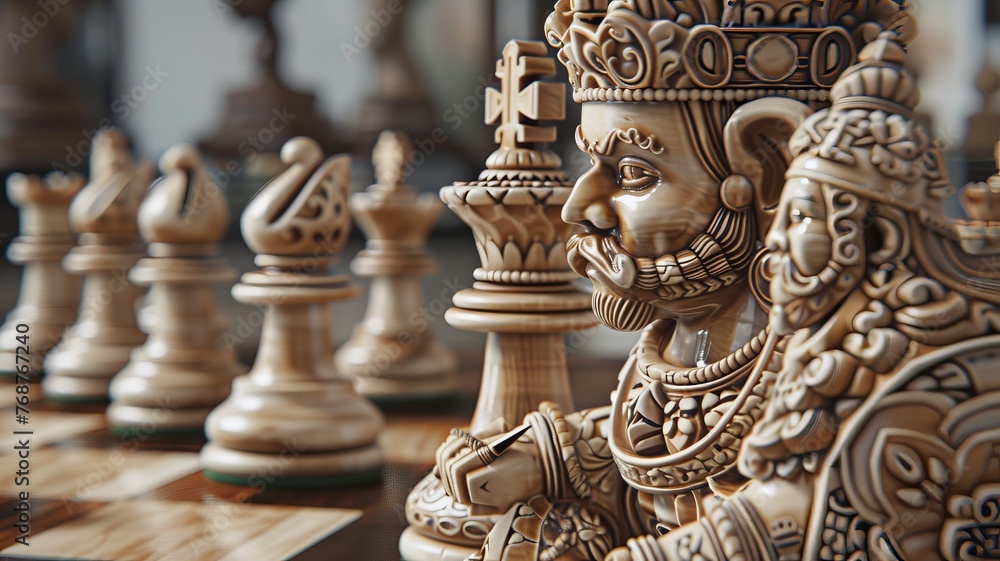 A mesmerizing close-up of a chessboard showcasing extraordinary pawn and king pieces