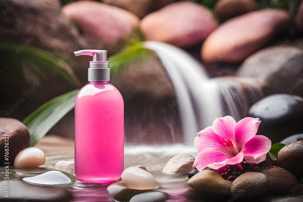 pink shampoo container bottle in front of a colorful tropical waterfall pink shampoo container bottle in front of a colorful tropical waterfall