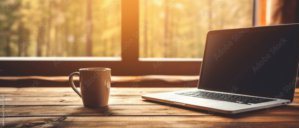 Coffee cup and laptop on wooden table in front of window Coffee cup and laptop on wooden table in front of window