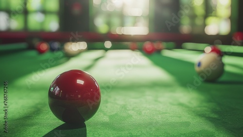 A mesmerizing close-up of snooker balls and cues on the green baize table photo