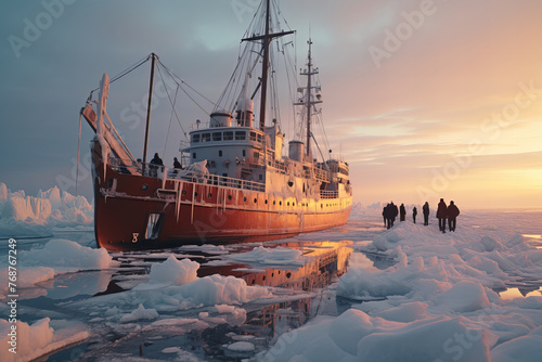 Arctic Expedition at Sunset: Icebreaker Ship and Crew on Frozen Journey Banner