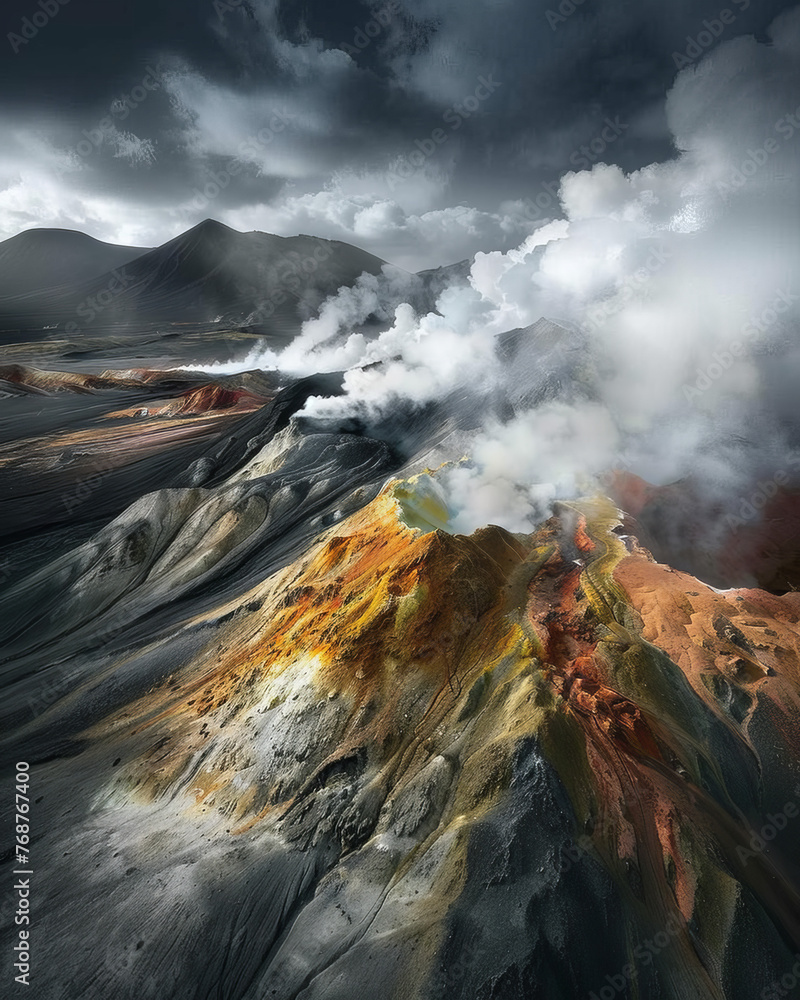 A visually striking image capturing a volcano's dynamic terrain with vibrant earth colors and steam, full of motion and life
