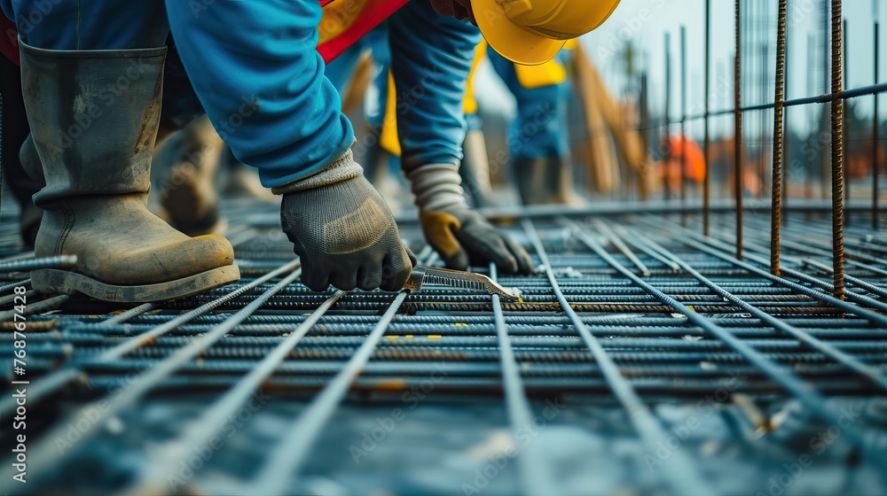 Builders work with rebars on a construction site. Construction of reinforcing structures. Builders work with rebars on a construction site. Construction of reinforcing structures.