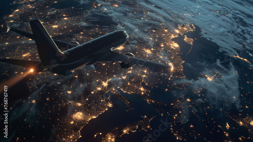 A plane soars over a glittering cityscape at night, bridging continents in the calm sky.