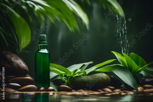 green cosmetic container in a tropical jungle background