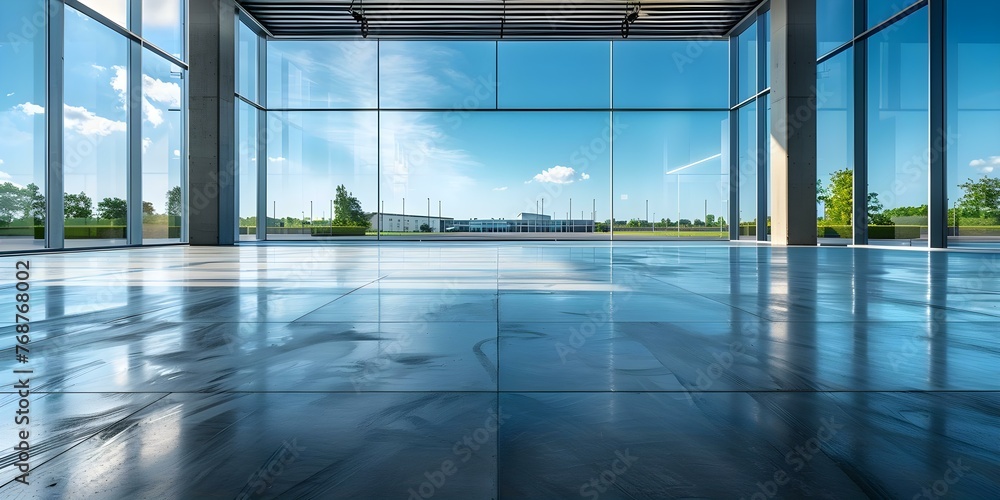Empty showroom floor with blue sky background ideal for displaying cars for sale in an urban setting. Concept Car Showroom, Urban Setting, Empty Floor, Blue Sky Background, Cars for Sale - obrazy, fototapety, plakaty 