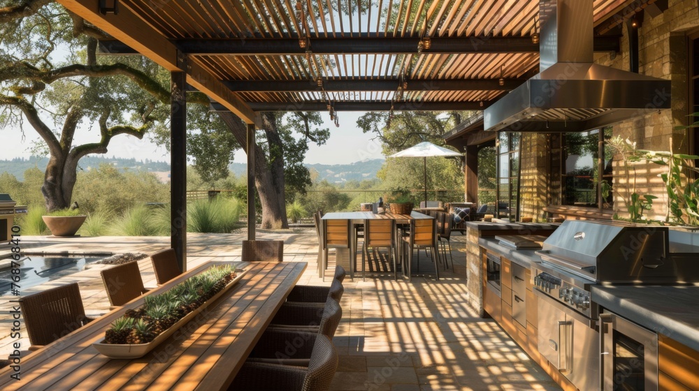 Fototapeta premium Modern Outdoor Kitchen With Grill and Table