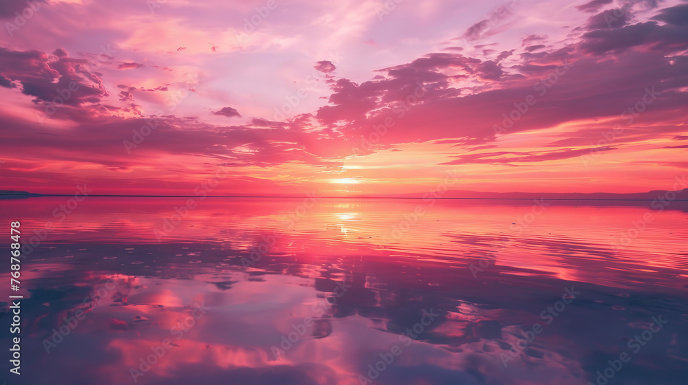 A vivid image capturing the overwhelming beauty of a deep pink sunset mirroring over a peaceful expanse of water A vivid image capturing the overwhelming beauty of a deep pink sunset mirroring over a peaceful expanse of water