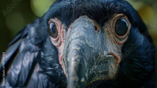 Close-up of a condor with intense gaze  exhibiting its fine feather details.