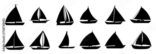 Sailboat ship silhouettes set, large pack of vector silhouette design, isolated white background.