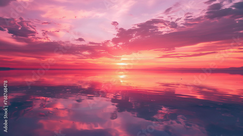 A vivid image capturing the overwhelming beauty of a deep pink sunset mirroring over a peaceful expanse of water