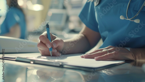 Healthcare professional writing notes, focused in a medical environment.