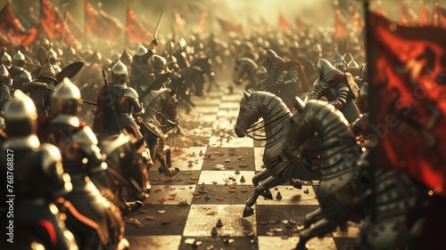 An epic depiction of a medieval war playing out on a chessboard