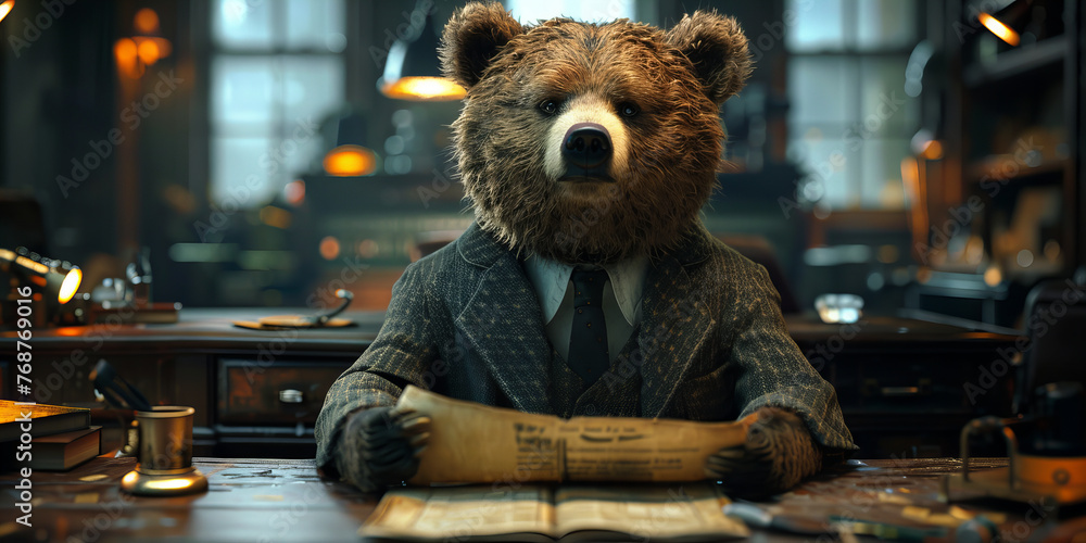 Scholarly Bear Dressed in Suit Reading Newspaper in Rustic Study Room - Banner