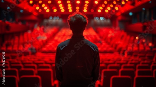 Man Standing in Front of Red Auditorium