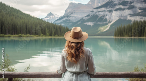Back view of a tranquil scene of a young woman standing on a wooden deck looking out over a lake surrounded by mountains. Solo travel concept.