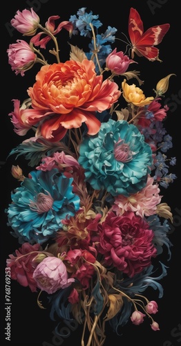 painting of a bouquet of flowers, with red, pink, blue, and yellow hues. © i-element