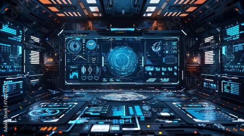 A technological frame or interface, envisioned as a virtual grid, displays a variety of user interface holograms, including callouts, titles, HUD elements, and futuristic callout bar labels