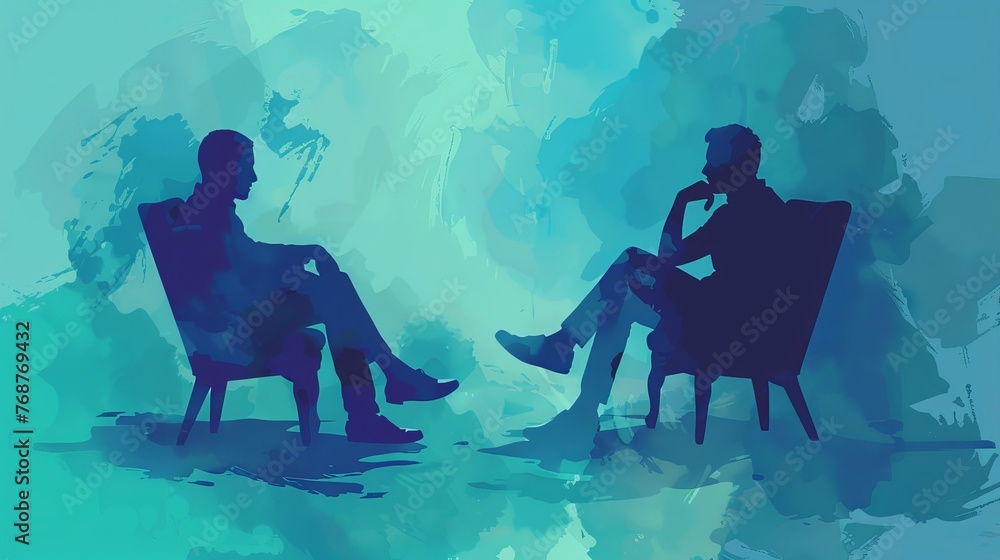 A visual representation of psychotherapy featuring the silhouettes of two individuals, symbolizing the dynamic between therapist and patient, crafted as a vector illustration - obrazy, fototapety, plakaty 