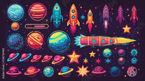 An 8bit pixel art game asset collection, featuring space planets, rockets, and starcraft, alongside a vector font and pixelated game buttons, offering 8 bit pixel game navigation buttons, power bars photo
