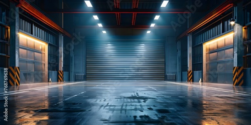 Empty warehouse illuminated by overhead lights with roller door and concrete floor at night. Concept Warehouse Photography, Industrial Interior, Night Lighting, Concrete Flooring, Roller Door photo