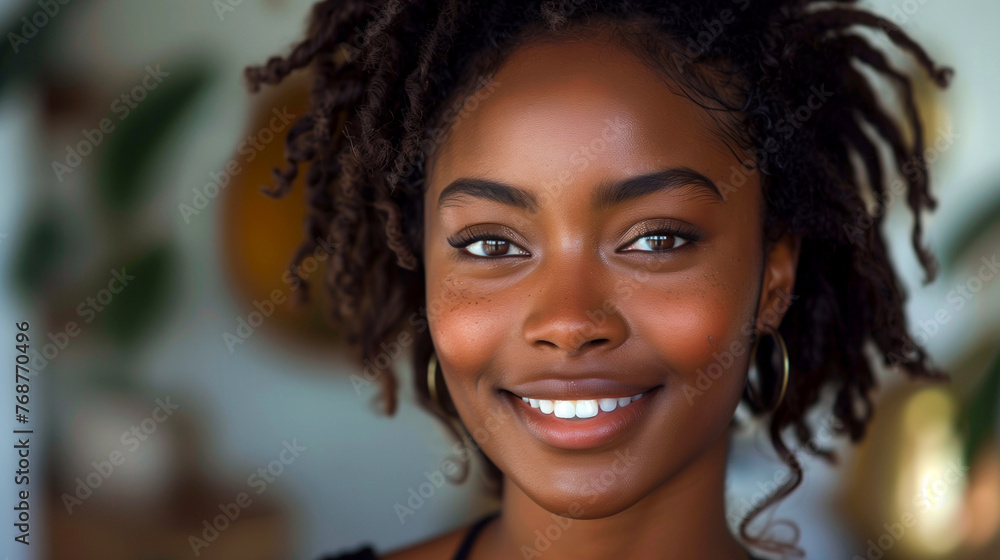 Close up portrait of a beautiful young african american woman smiling Close up portrait of a beautiful young african american woman smiling